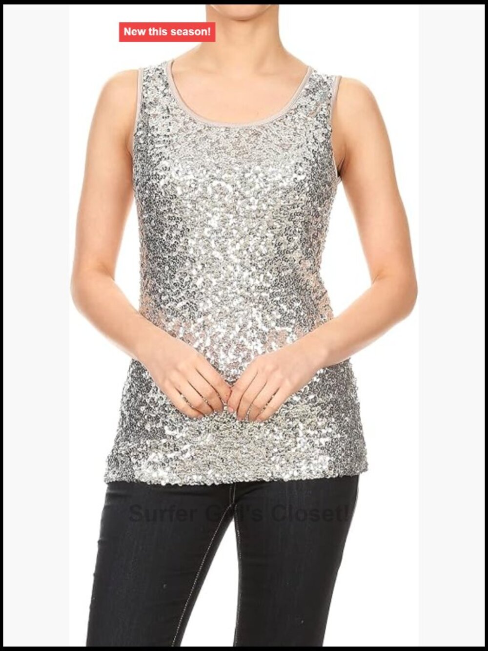Sequin Embellished Sleeveless Tank Top Stretch Knit Party Top